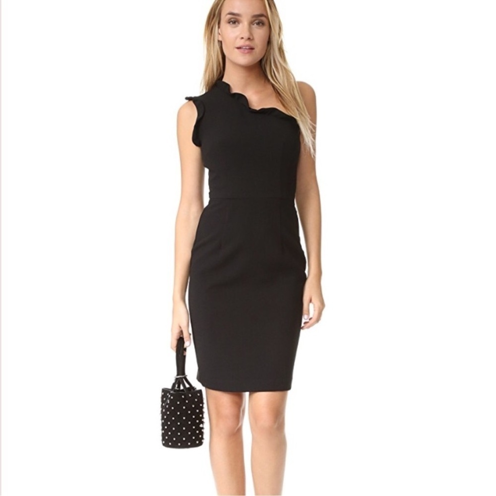 Black Halo Provella black one shoulder sheath dress ruffle trim Size 2 - Picture 9 of 10